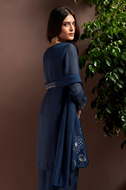 Navy Blue Silk Blend Embroidered and Mirrorworka Straight Kurta Set with Choker Net Dupatta