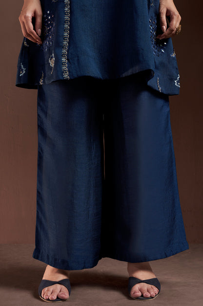 Navy Blue Silk Blend Embroidered and Mirrorworka Straight Kurta Set with Choker Net Dupatta