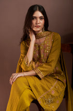 Mustred Silk Blend Embroidered Straight Kurta Set with Mirrorwork Choker Net Dupatta