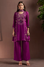 Purple Silk Blend Embroidered Straight Kurta Set with Mirrorwork Choker Net Dupatta