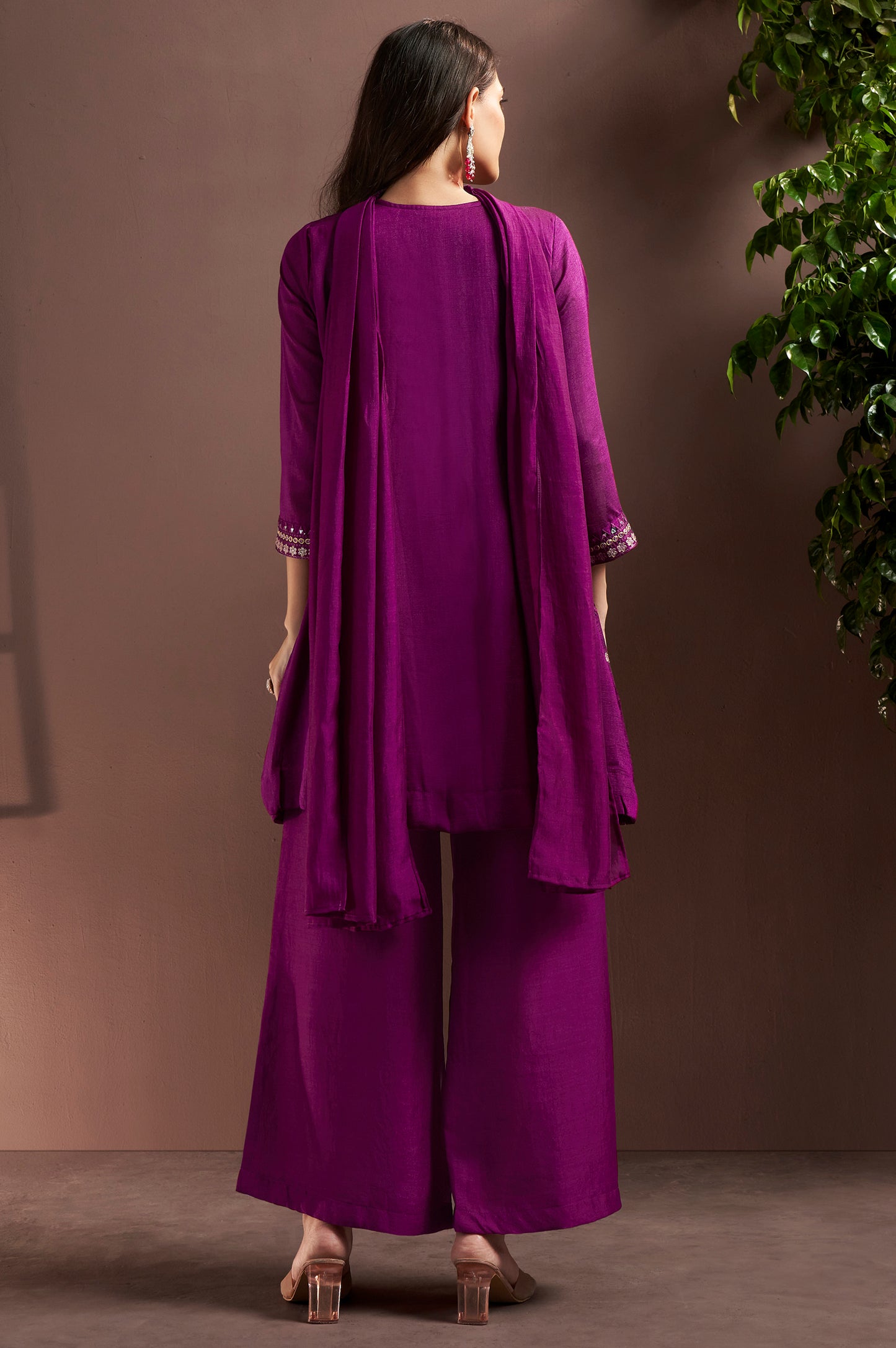 Purple Silk Blend Embroidered Straight Kurta Set with Mirrorwork Choker Net Dupatta