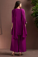 Purple Silk Blend Embroidered Straight Kurta Set with Mirrorwork Choker Net Dupatta