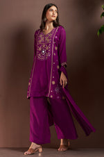Purple Silk Blend Embroidered Straight Kurta Set with Mirrorwork Choker Net Dupatta
