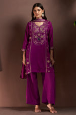 Purple Silk Blend Embroidered Straight Kurta Set with Mirrorwork Choker Net Dupatta