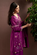 Purple Silk Blend Embroidered Straight Kurta Set with Mirrorwork Choker Net Dupatta