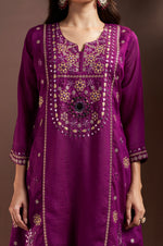 Purple Silk Blend Embroidered Straight Kurta Set with Mirrorwork Choker Net Dupatta