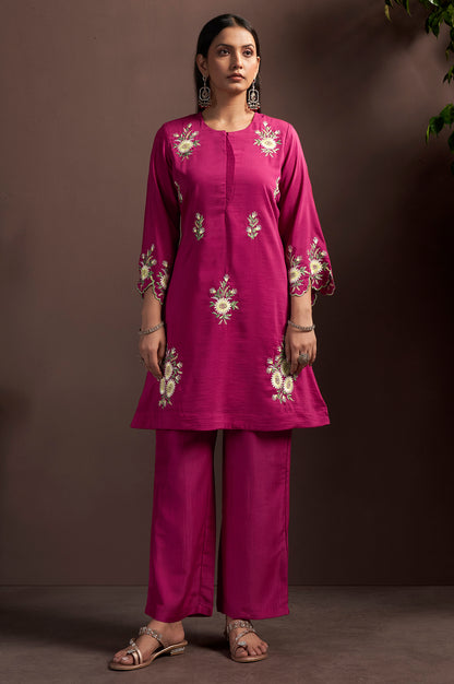 Women's Dark Pink Embroidered Roman Silk Co-Ord Set