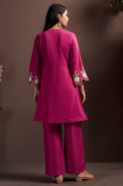 Women's Dark Pink Embroidered Roman Silk Co-Ord Set