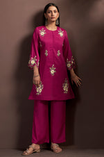 Women's Dark Pink Embroidered Roman Silk Co-Ord Set