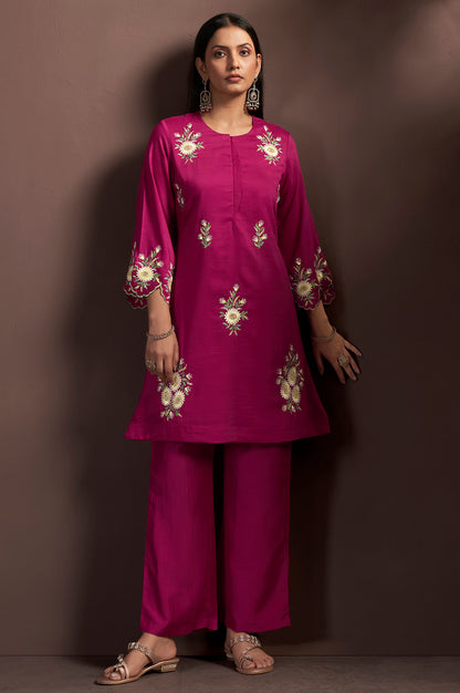 Women's Dark Pink Embroidered Roman Silk Co-Ord Set