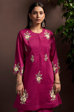 Women's Dark Pink Embroidered Roman Silk Co-Ord Set