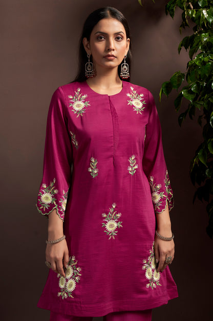 Women's Dark Pink Embroidered Roman Silk Co-Ord Set