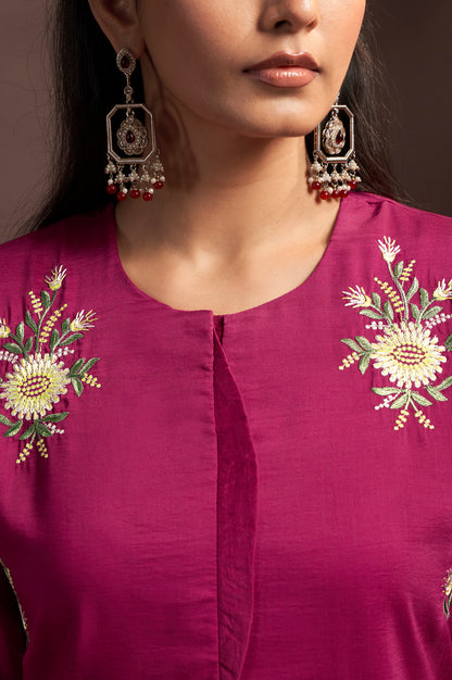Women's Dark Pink Embroidered Roman Silk Co-Ord Set