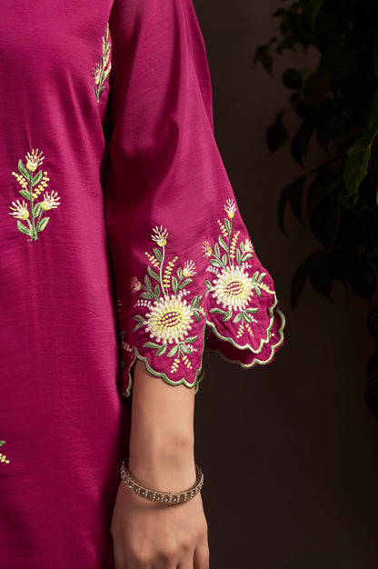 Women's Dark Pink Embroidered Roman Silk Co-Ord Set