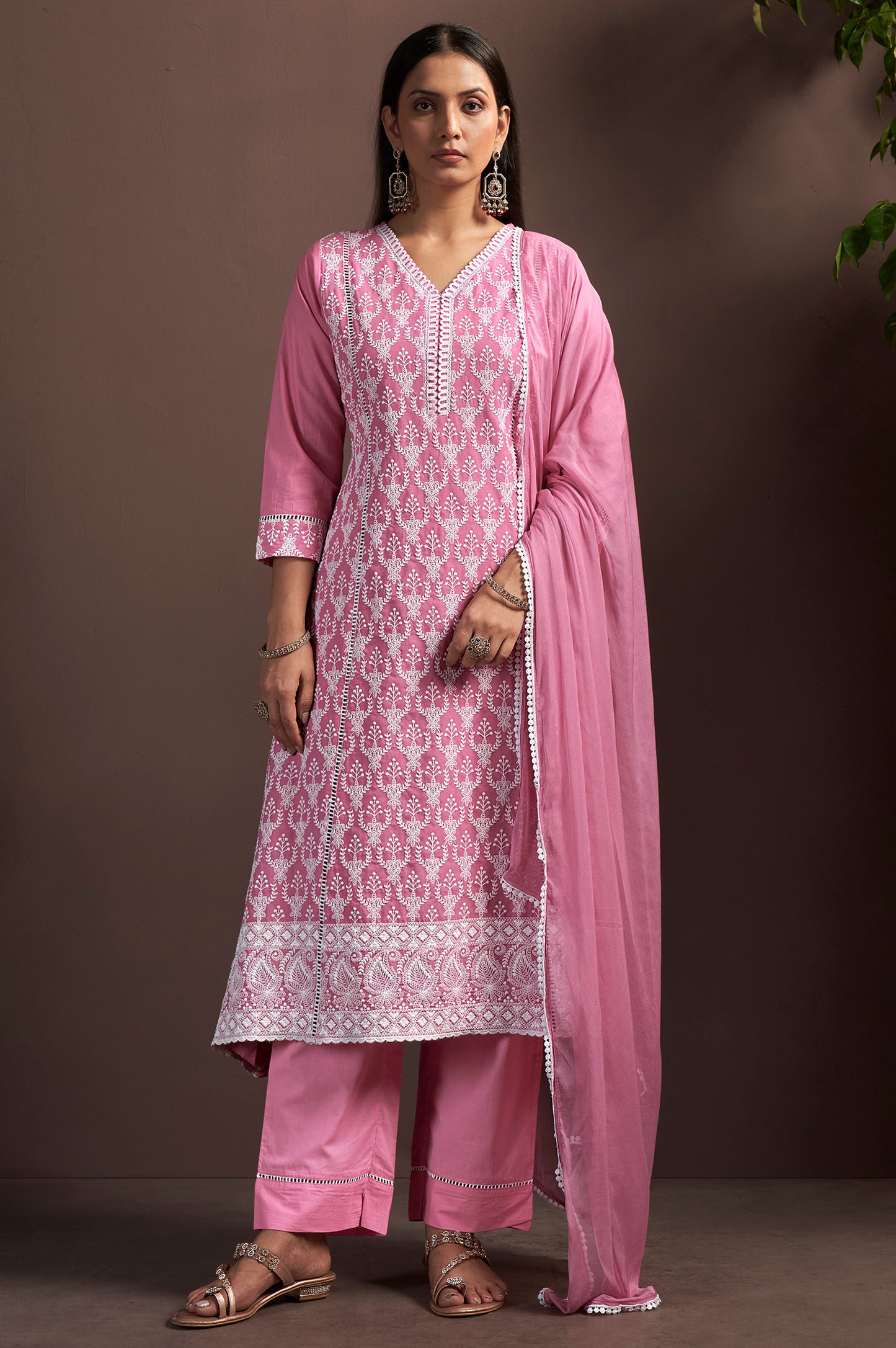 Pink Pure Cotton Embroidered Anarkali Kurta Set with Pant & Najmin Chiffon Dupatta