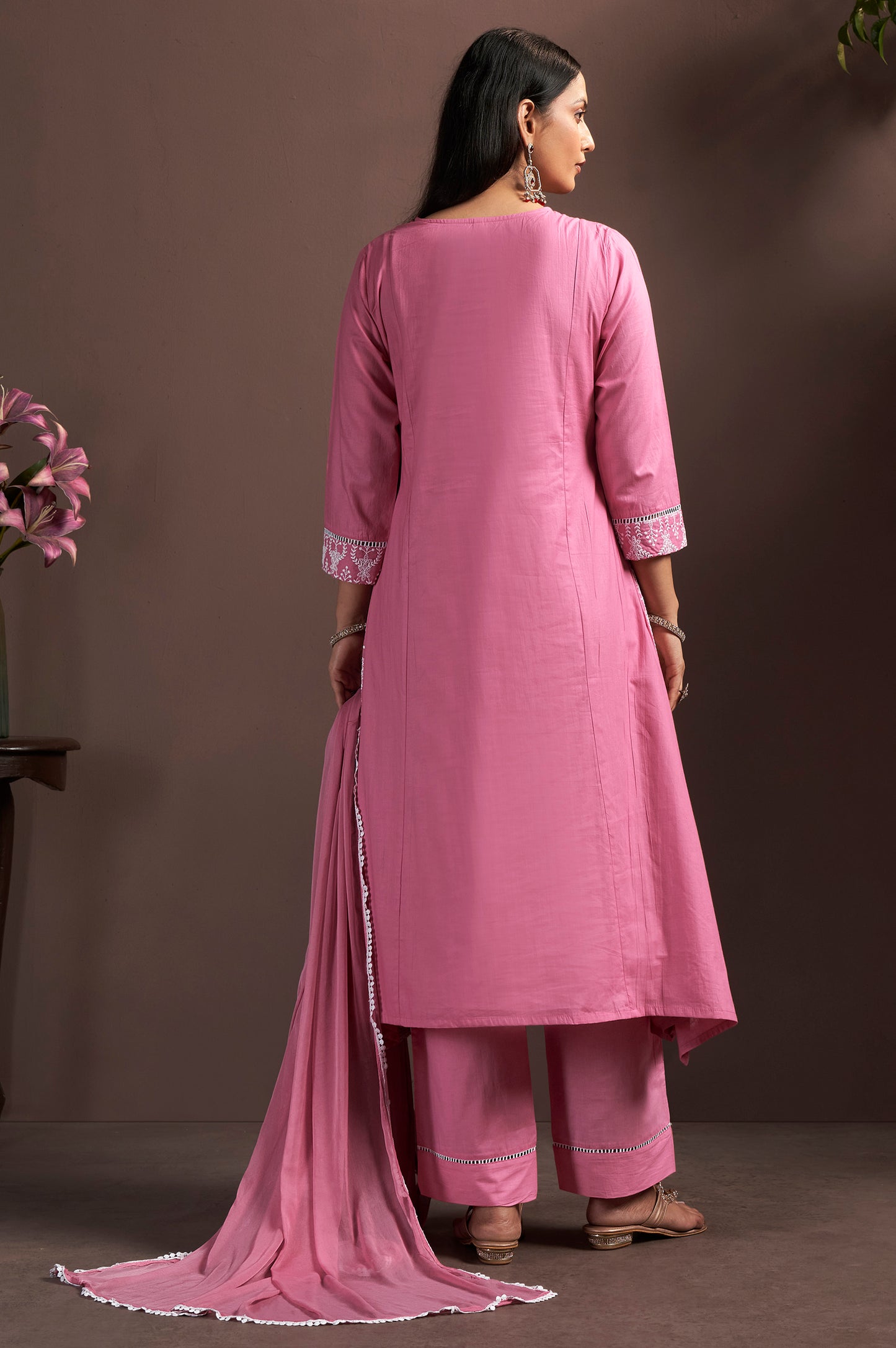 Pink Pure Cotton Embroidered Anarkali Kurta Set with Pant & Najmin Chiffon Dupatta