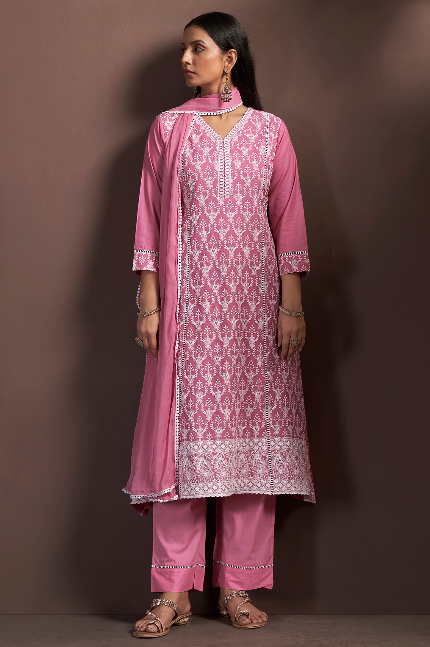 Pink Pure Cotton Embroidered Anarkali Kurta Set with Pant & Najmin Chiffon Dupatta