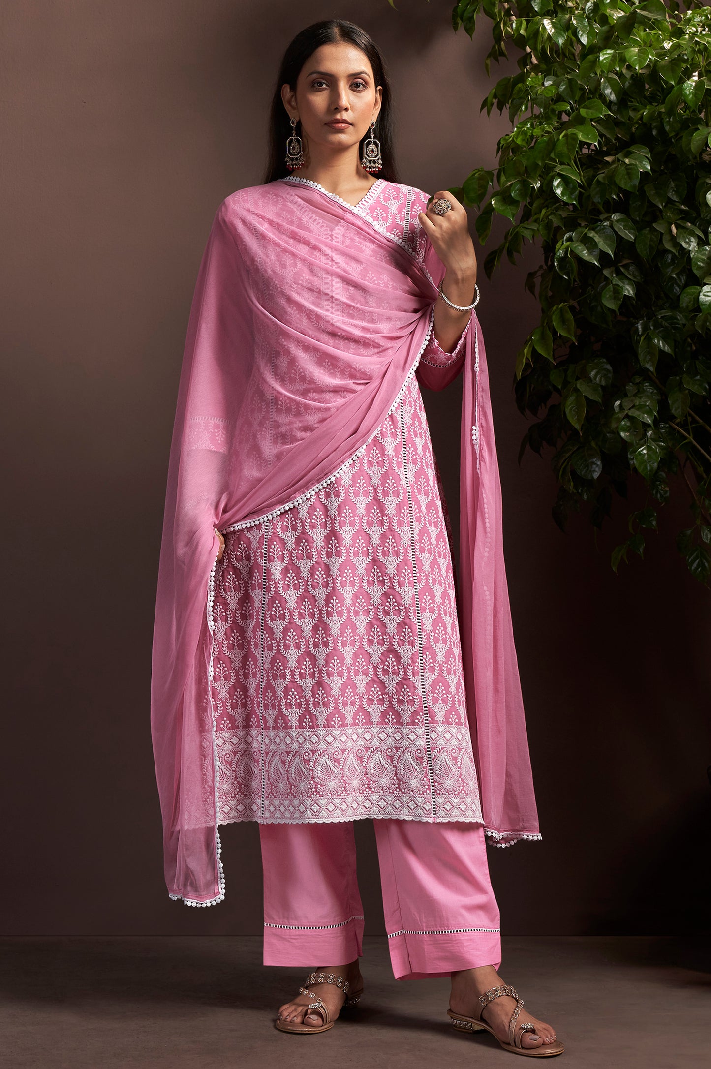 Pink Pure Cotton Embroidered Anarkali Kurta Set with Pant & Najmin Chiffon Dupatta