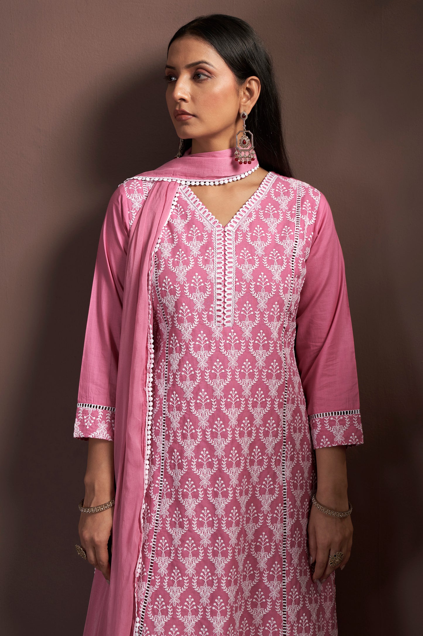 Pink Pure Cotton Embroidered Anarkali Kurta Set with Pant & Najmin Chiffon Dupatta
