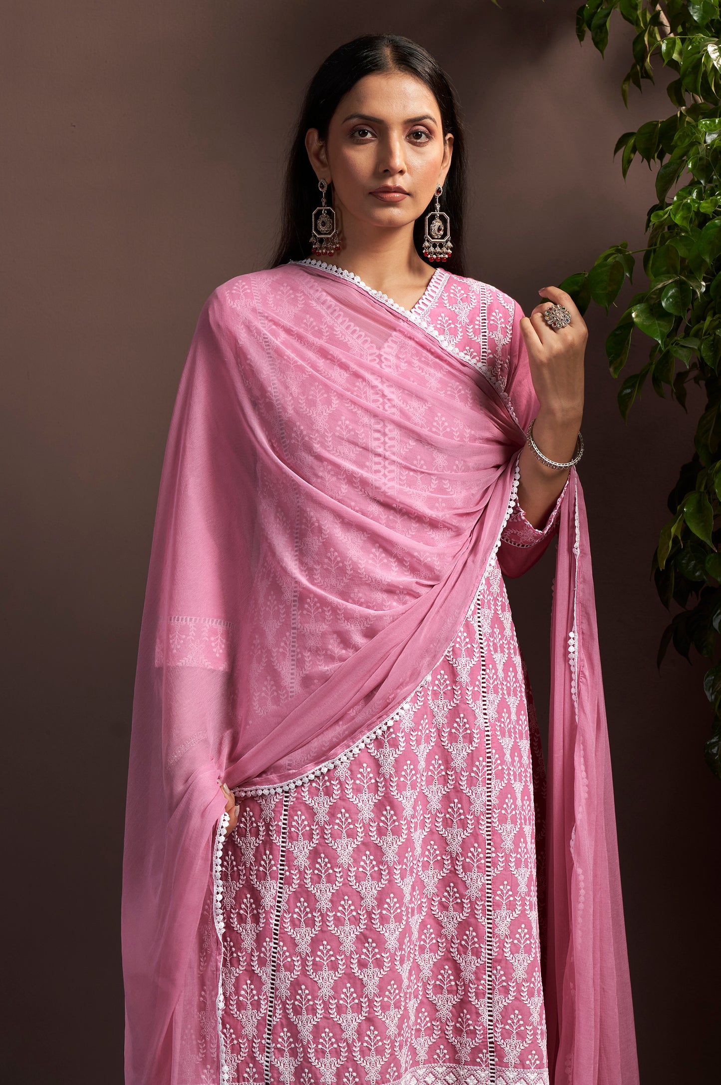 Pink Pure Cotton Embroidered Anarkali Kurta Set with Pant & Najmin Chiffon Dupatta