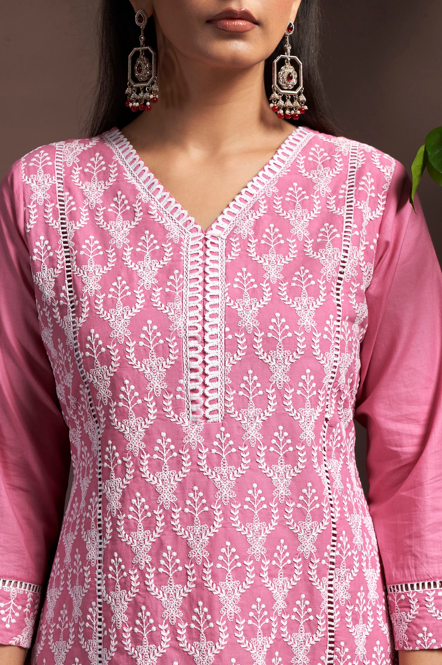 Pink Pure Cotton Embroidered Anarkali Kurta Set with Pant & Najmin Chiffon Dupatta