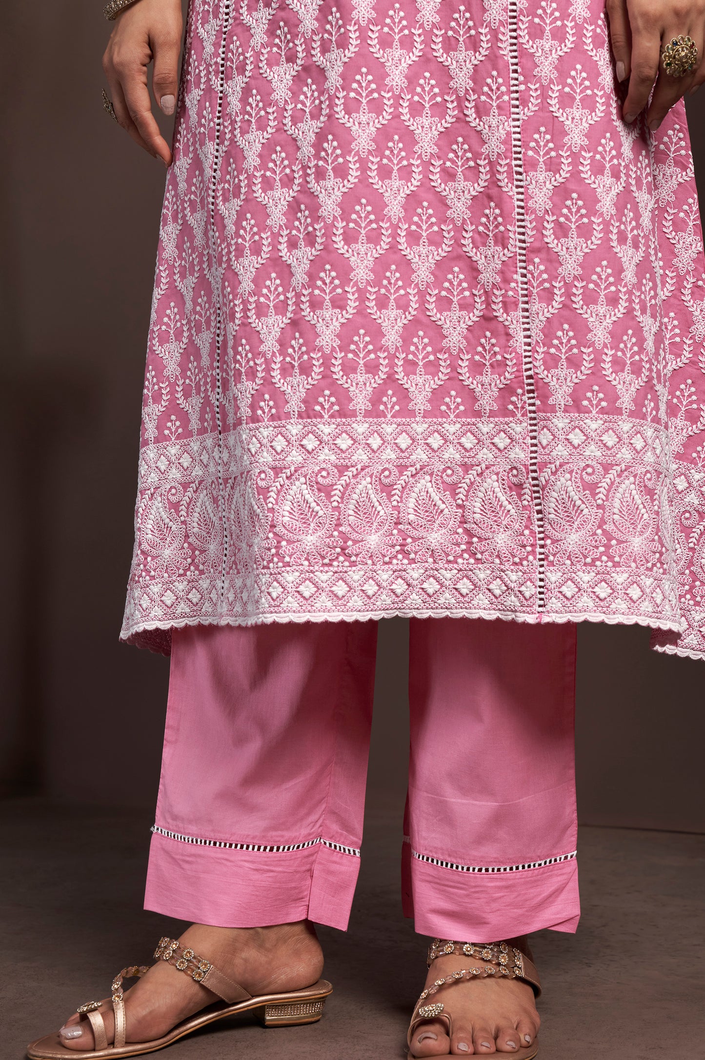 Pink Pure Cotton Embroidered Anarkali Kurta Set with Pant & Najmin Chiffon Dupatta