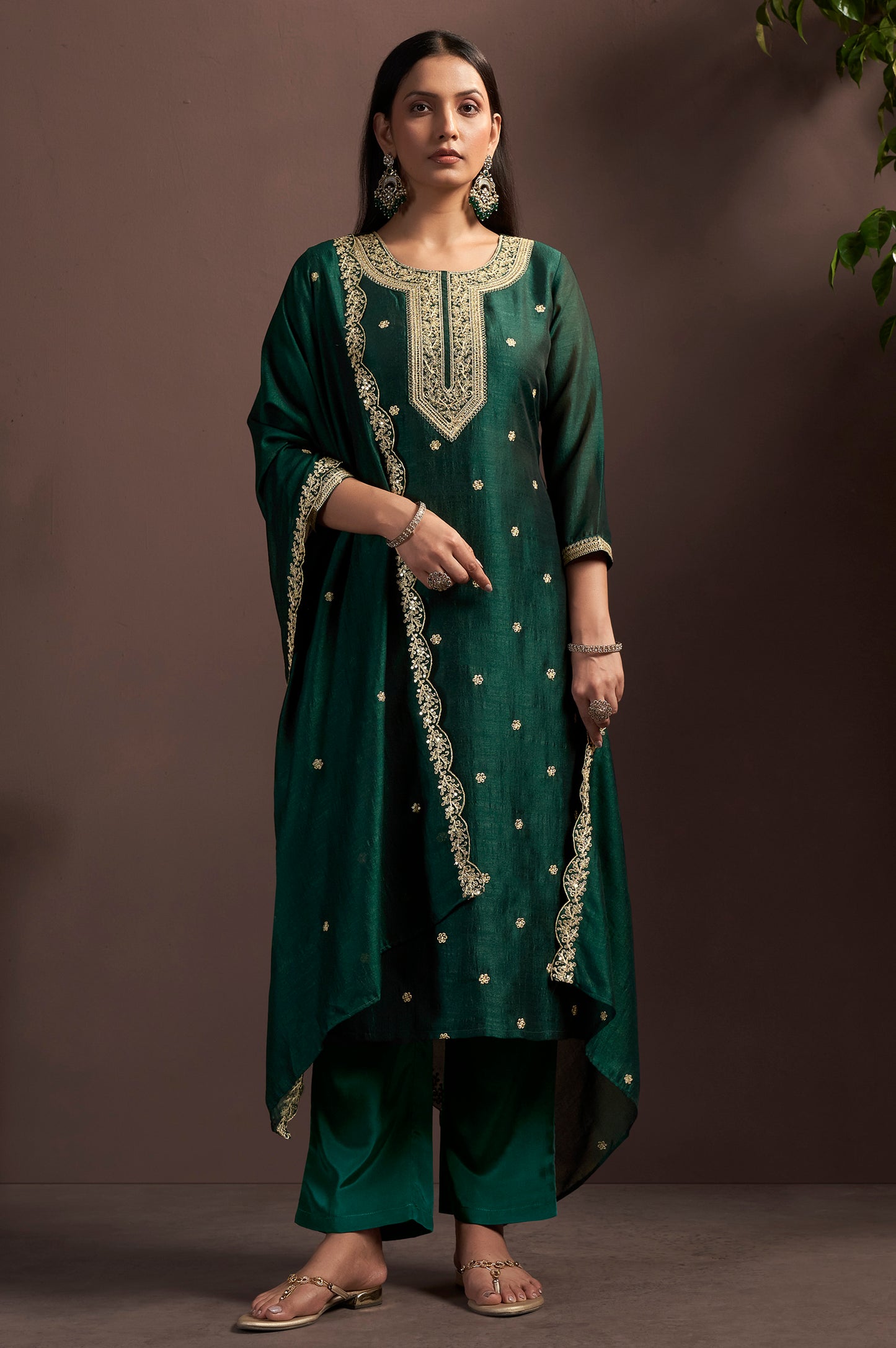 Green Vichitra Silk Embroidered Straight Kurta Set with Embroidered Dupatta
