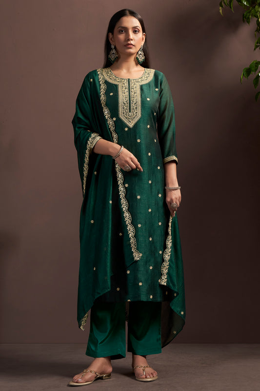 Green Vichitra Silk Embroidered Straight Kurta Set with Embroidered Dupatta