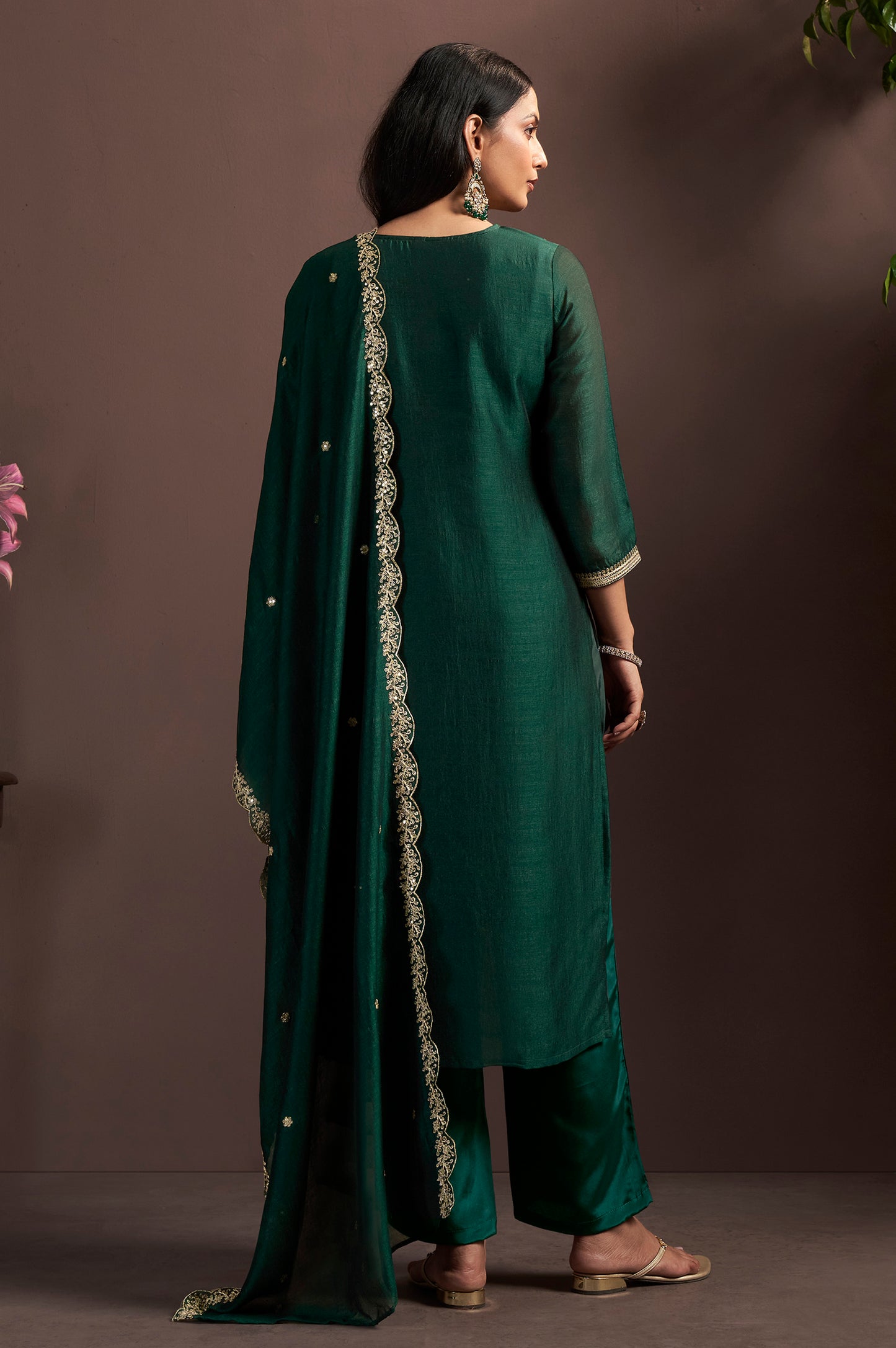 Green Vichitra Silk Embroidered Straight Kurta Set with Embroidered Dupatta