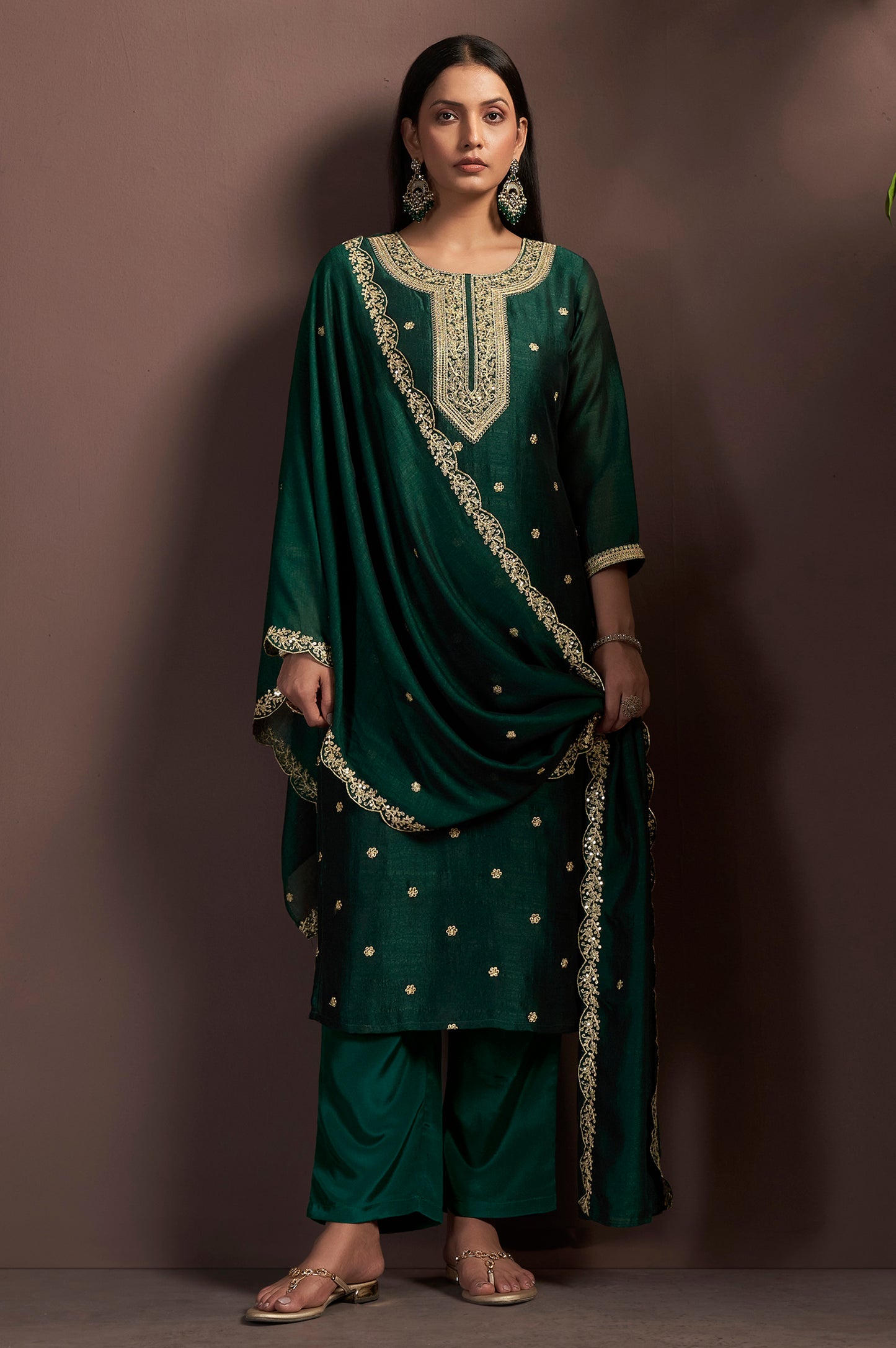 Green Vichitra Silk Embroidered Straight Kurta Set with Embroidered Dupatta