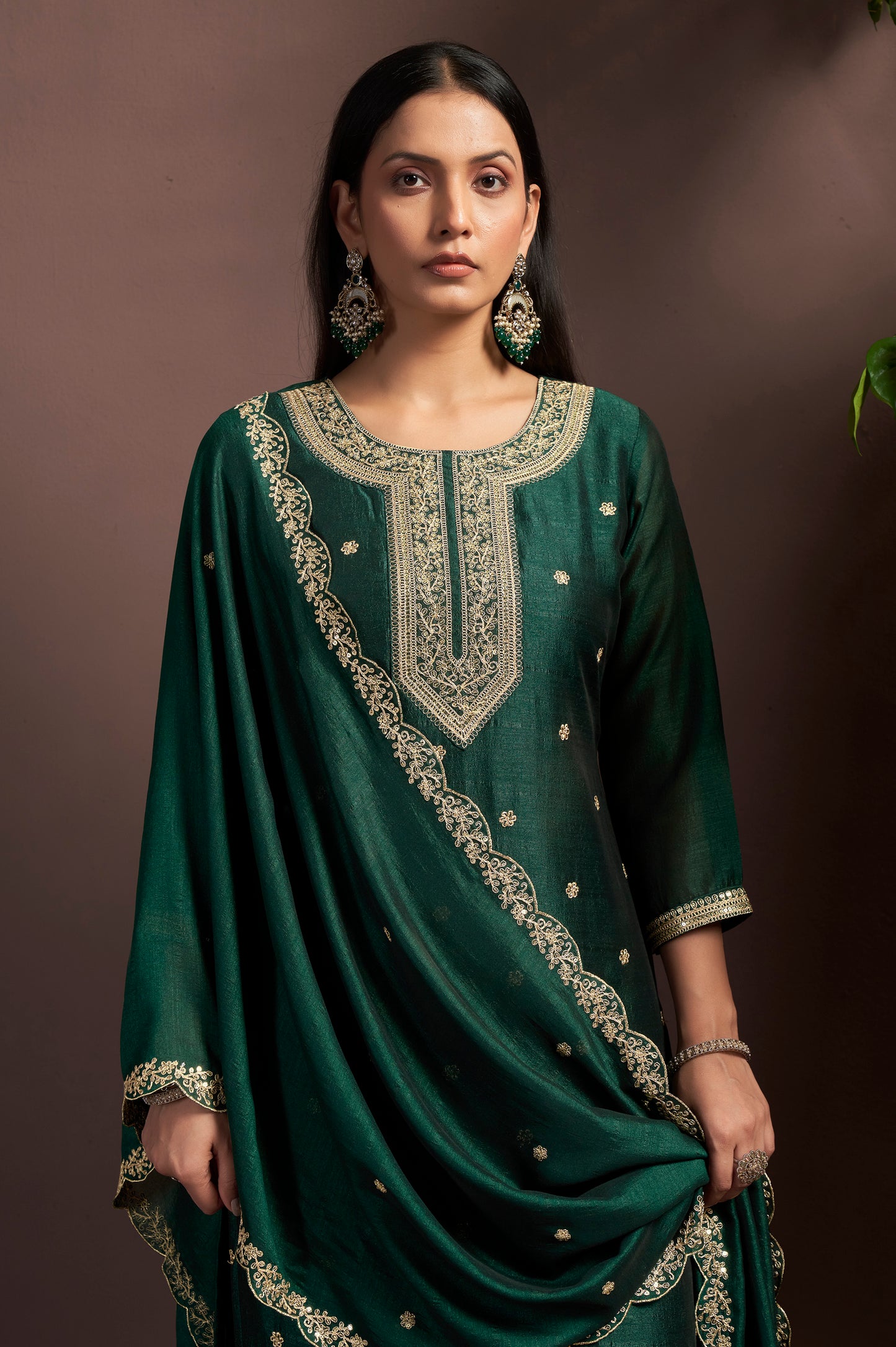 Green Vichitra Silk Embroidered Straight Kurta Set with Embroidered Dupatta
