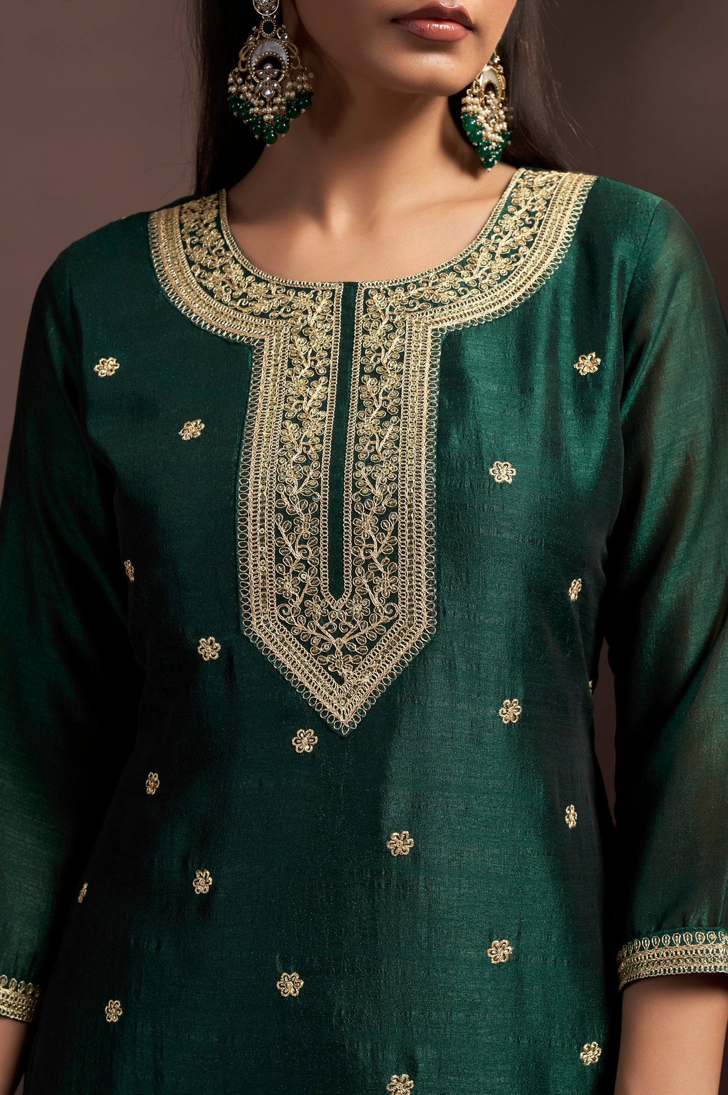Green Vichitra Silk Embroidered Straight Kurta Set with Embroidered Dupatta