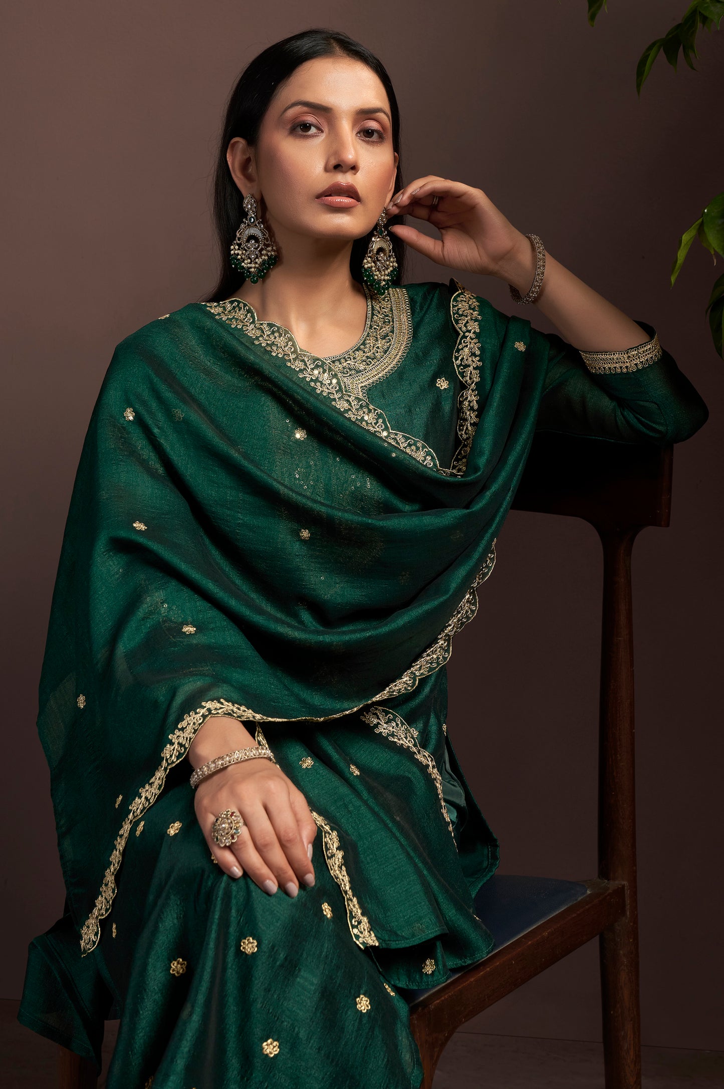 Green Vichitra Silk Embroidered Straight Kurta Set with Embroidered Dupatta
