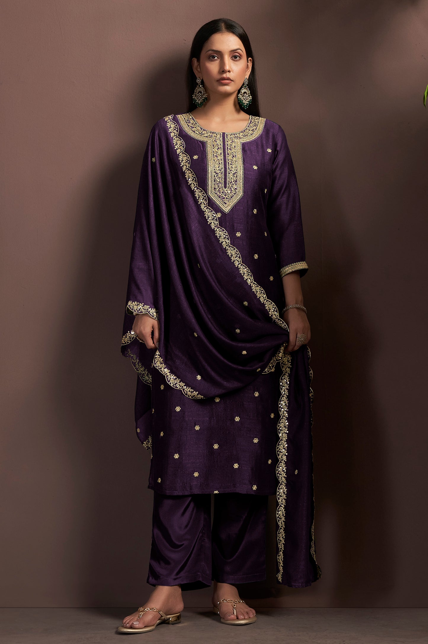 Wine Vichitra Silk Embroidered Straight Kurta Set with Embroidered Dupatta