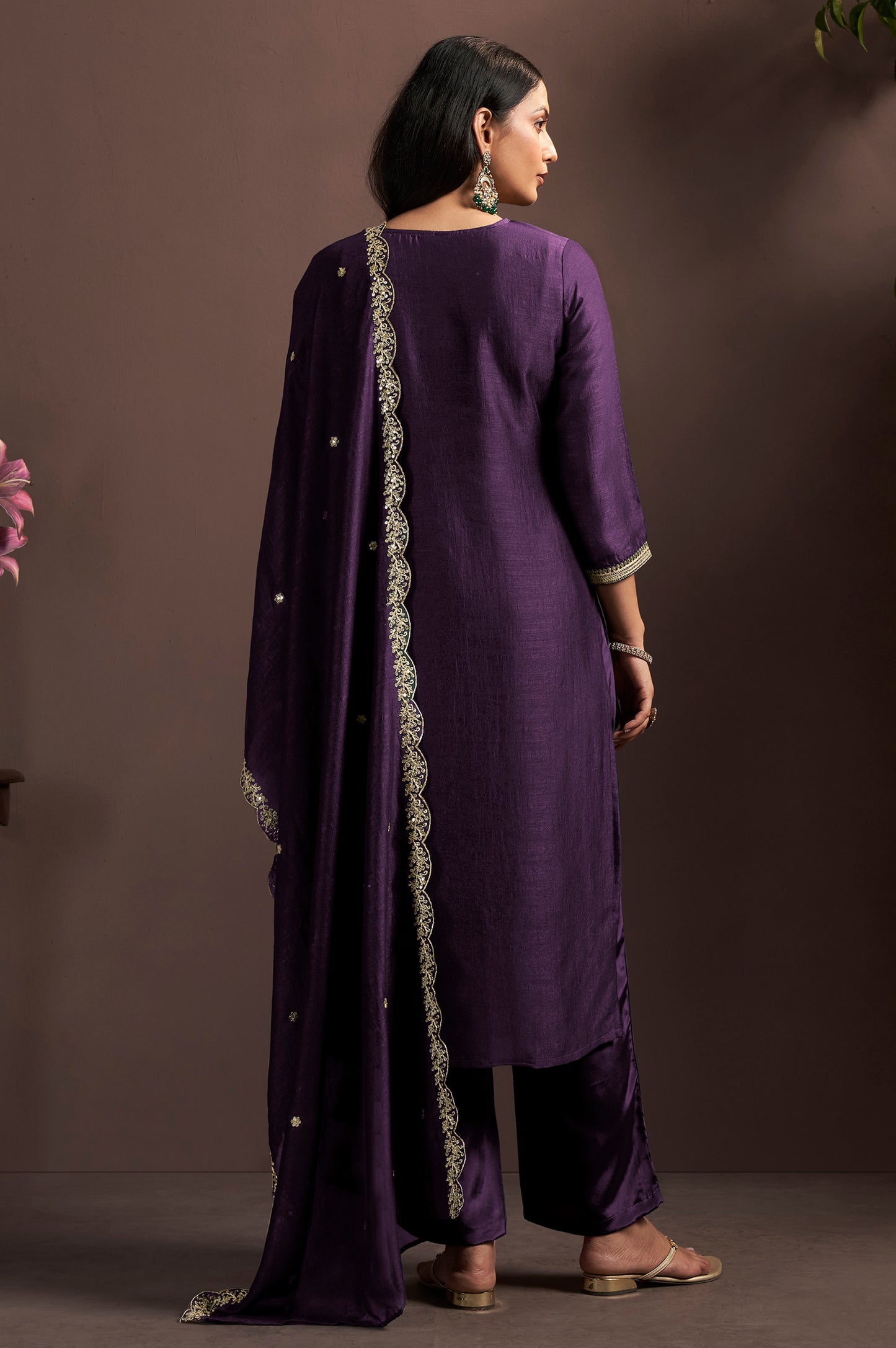 Wine Vichitra Silk Embroidered Straight Kurta Set with Embroidered Dupatta