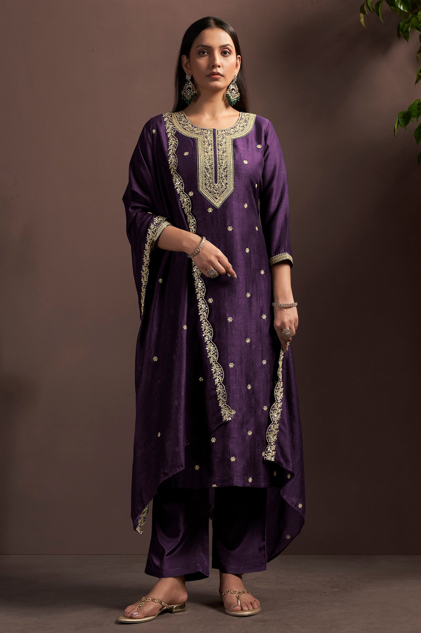 Wine Vichitra Silk Embroidered Straight Kurta Set with Embroidered Dupatta