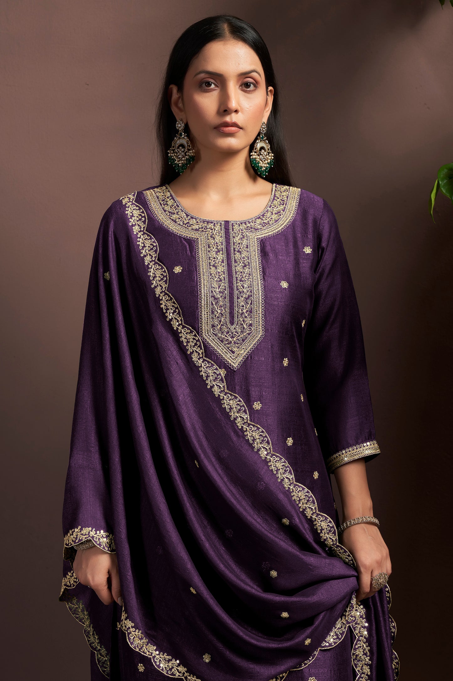 Wine Vichitra Silk Embroidered Straight Kurta Set with Embroidered Dupatta
