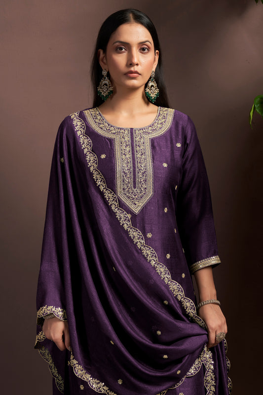 Wine Vichitra Silk Embroidered Straight Kurta Set with Embroidered Dupatta