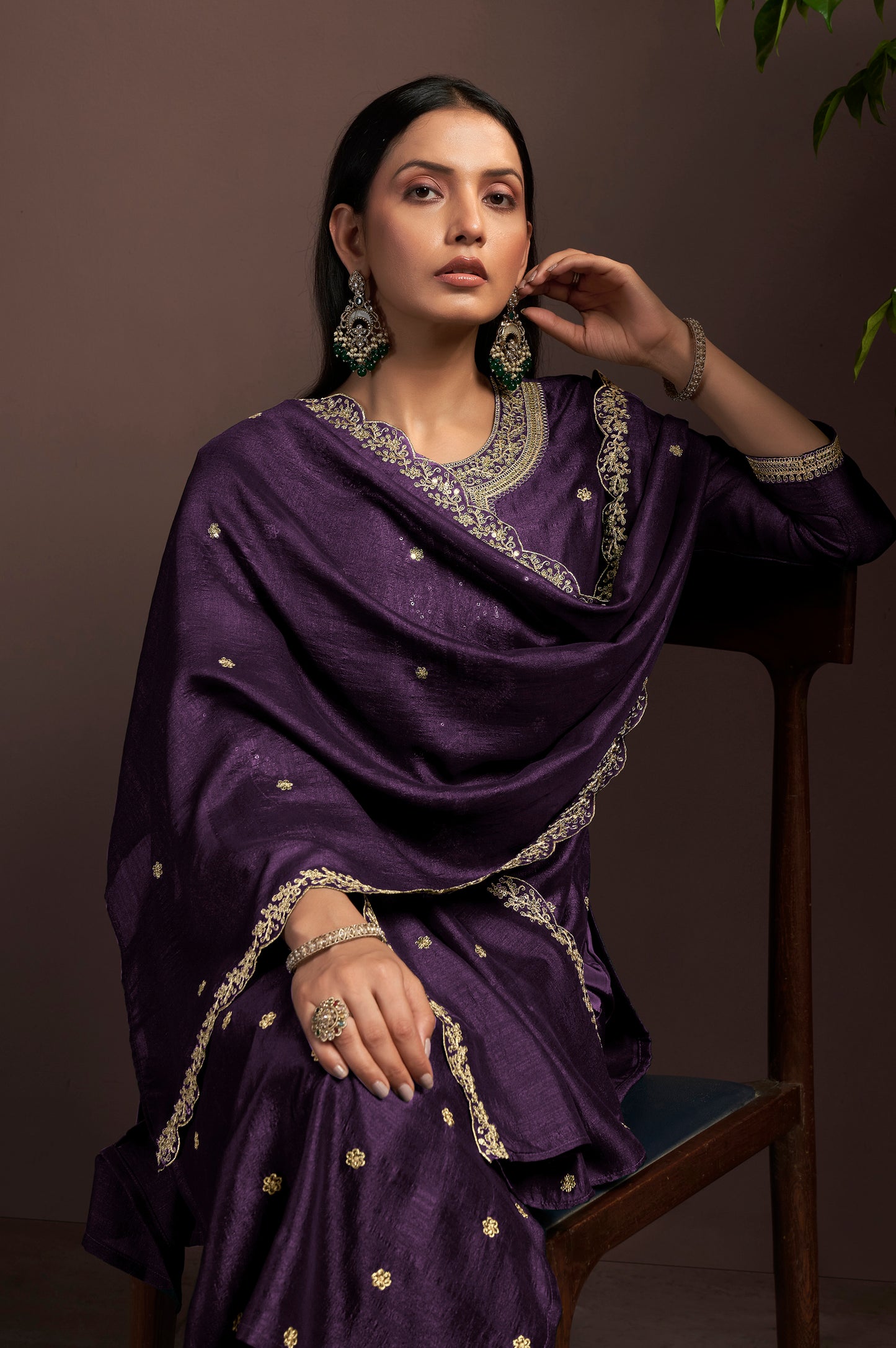Wine Vichitra Silk Embroidered Straight Kurta Set with Embroidered Dupatta
