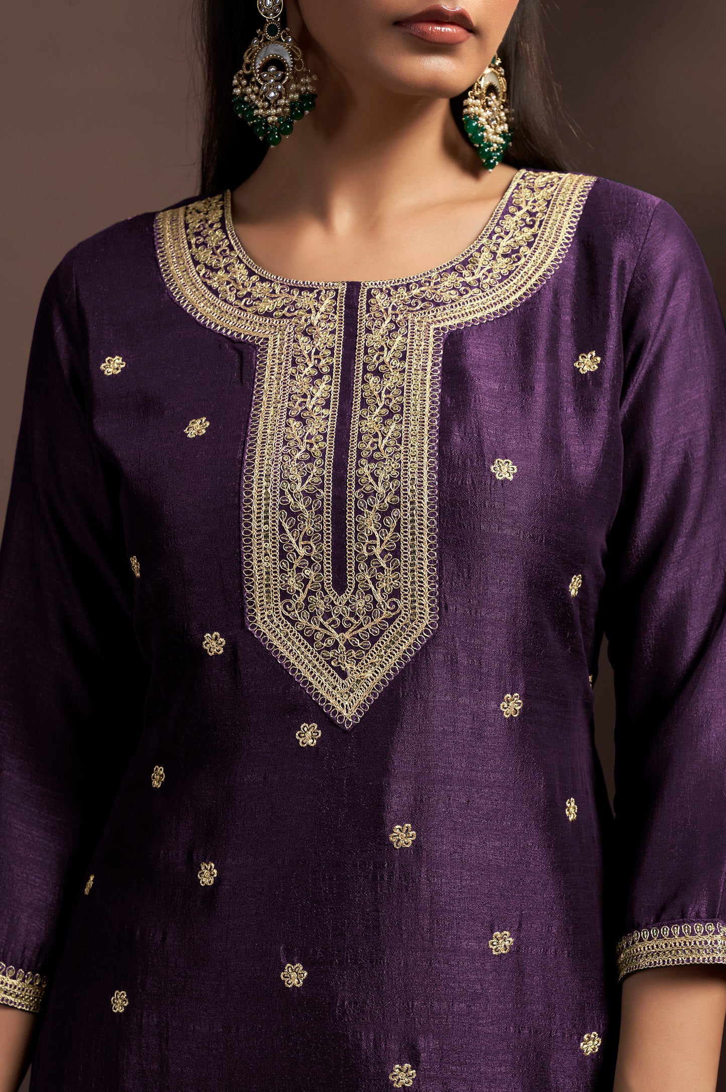 Wine Vichitra Silk Embroidered Straight Kurta Set with Embroidered Dupatta