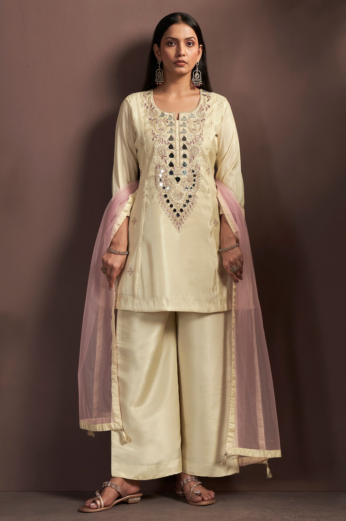 Cream Embroidered Mirror Work Silk Blend Straight Kurta Set with Grey Net Dupatta