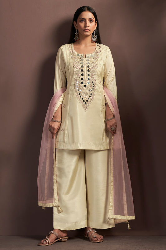 Cream Embroidered Mirror Work Silk Blend Straight Kurta Set with Grey Net Dupatta