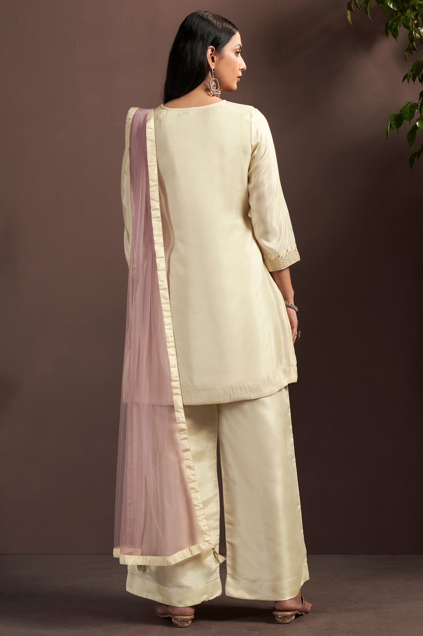 Cream Embroidered Mirror Work Silk Blend Straight Kurta Set with Grey Net Dupatta