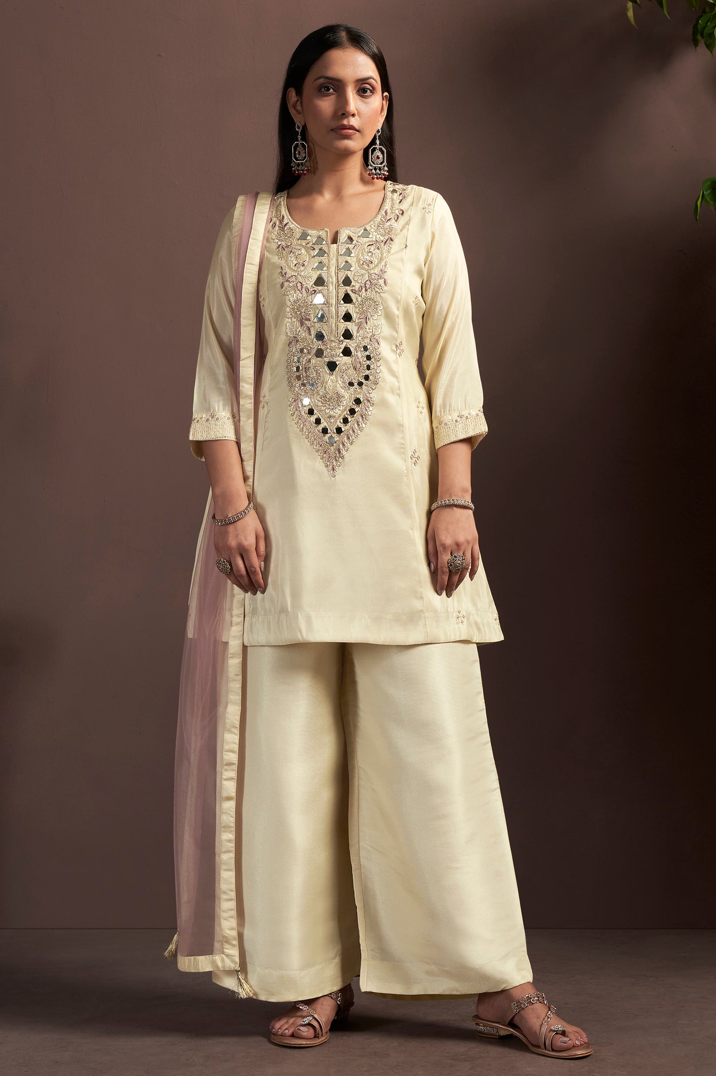 Cream Embroidered Mirror Work Silk Blend Straight Kurta Set with Grey Net Dupatta