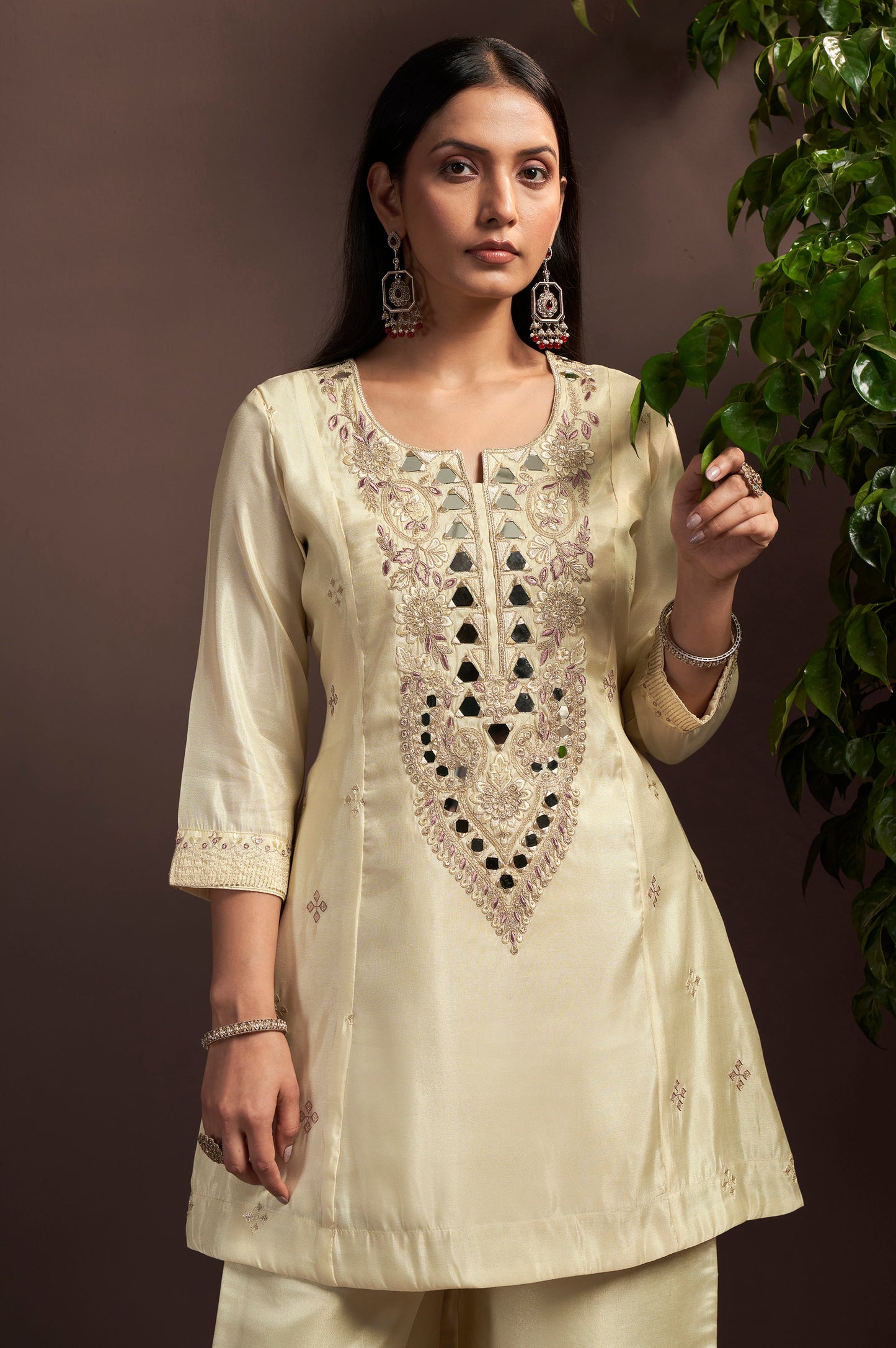 Cream Embroidered Mirror Work Silk Blend Straight Kurta Set with Grey Net Dupatta