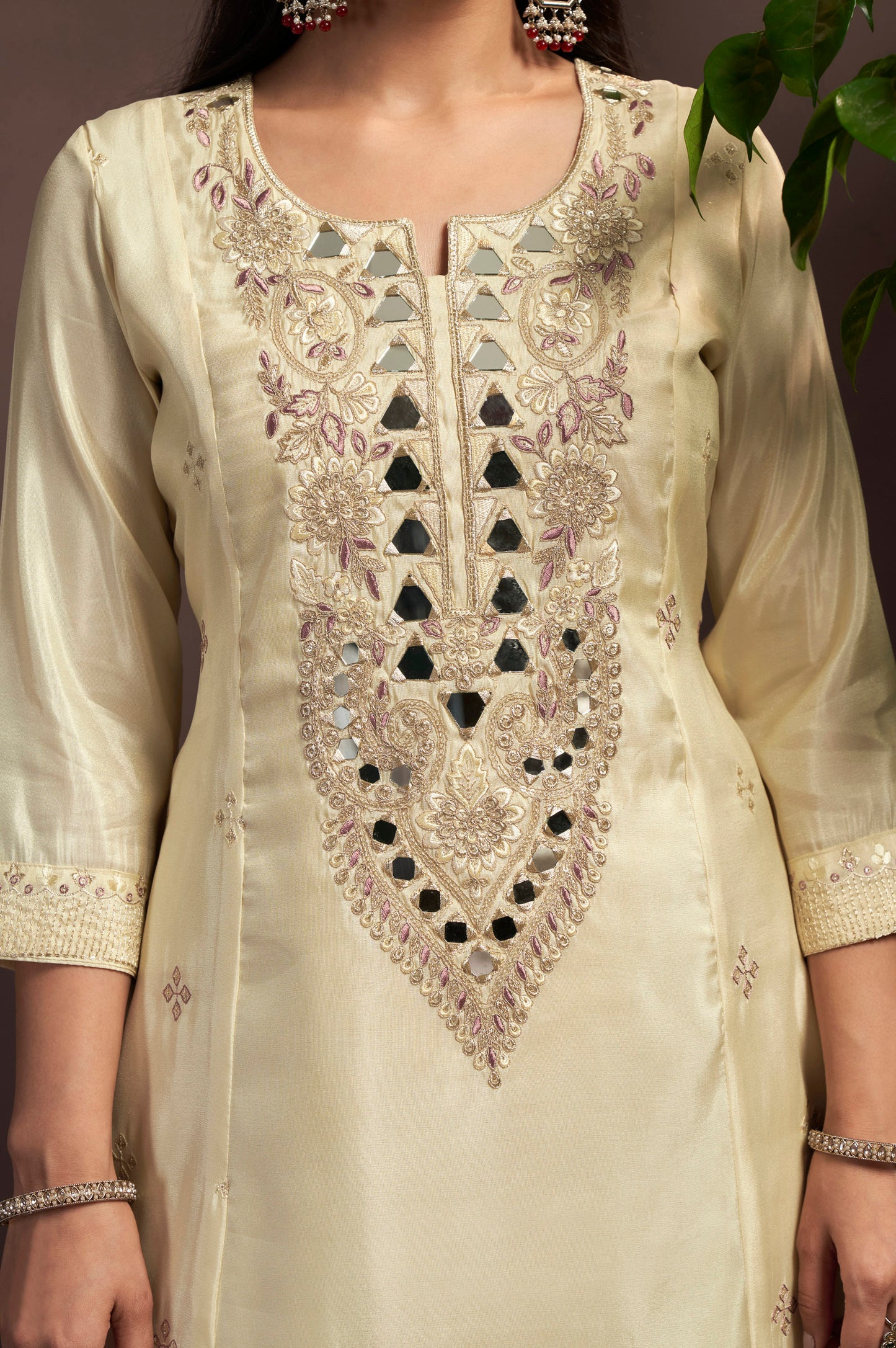 Cream Embroidered Mirror Work Silk Blend Straight Kurta Set with Grey Net Dupatta