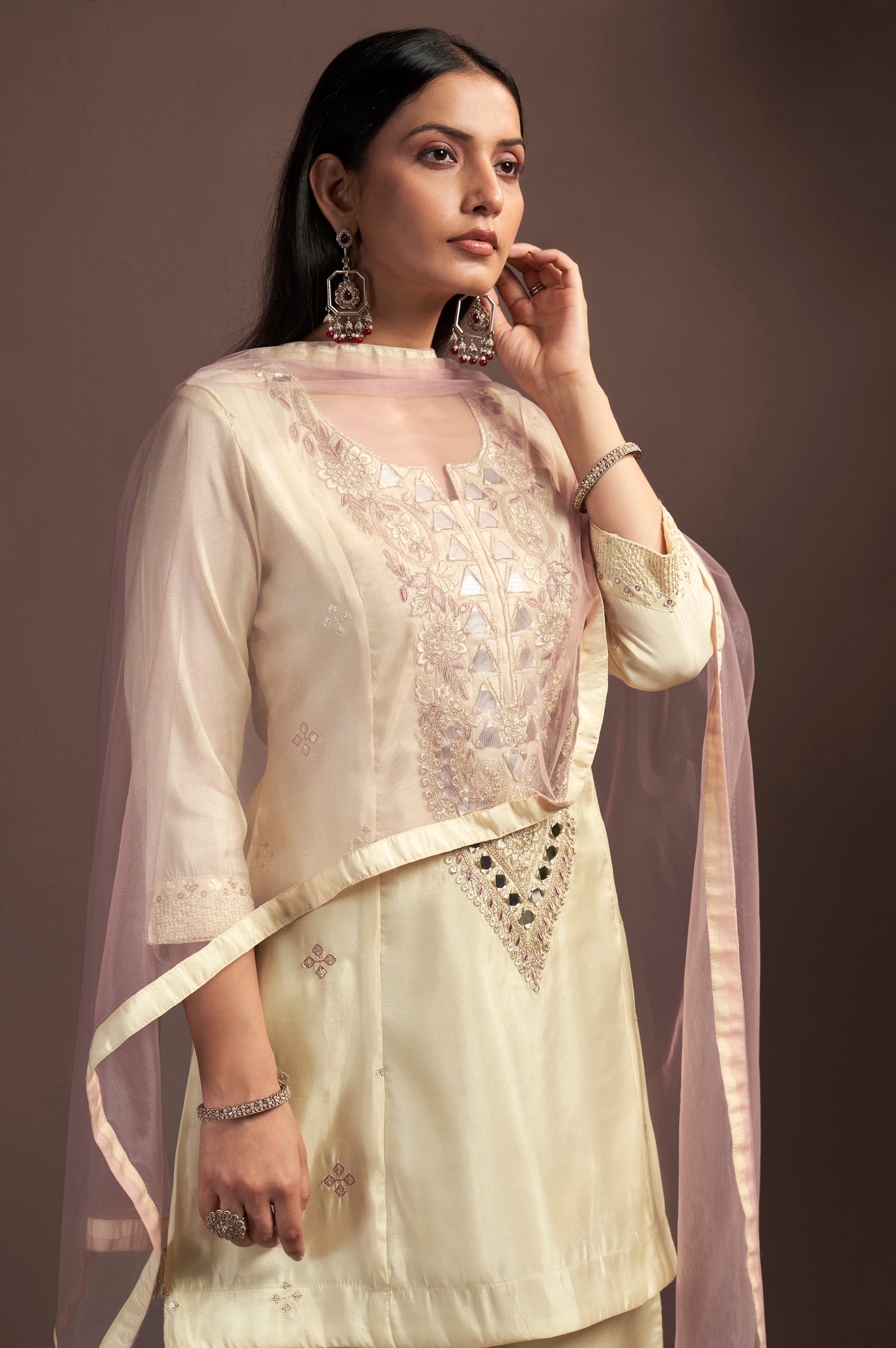 Cream Embroidered Mirror Work Silk Blend Straight Kurta Set with Grey Net Dupatta