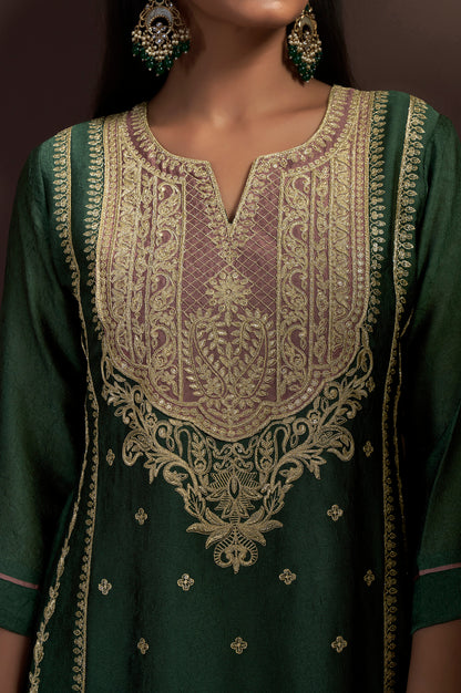 Green Embroidered Silk Blend Straight Kurta Set with Pink Net Dupatta