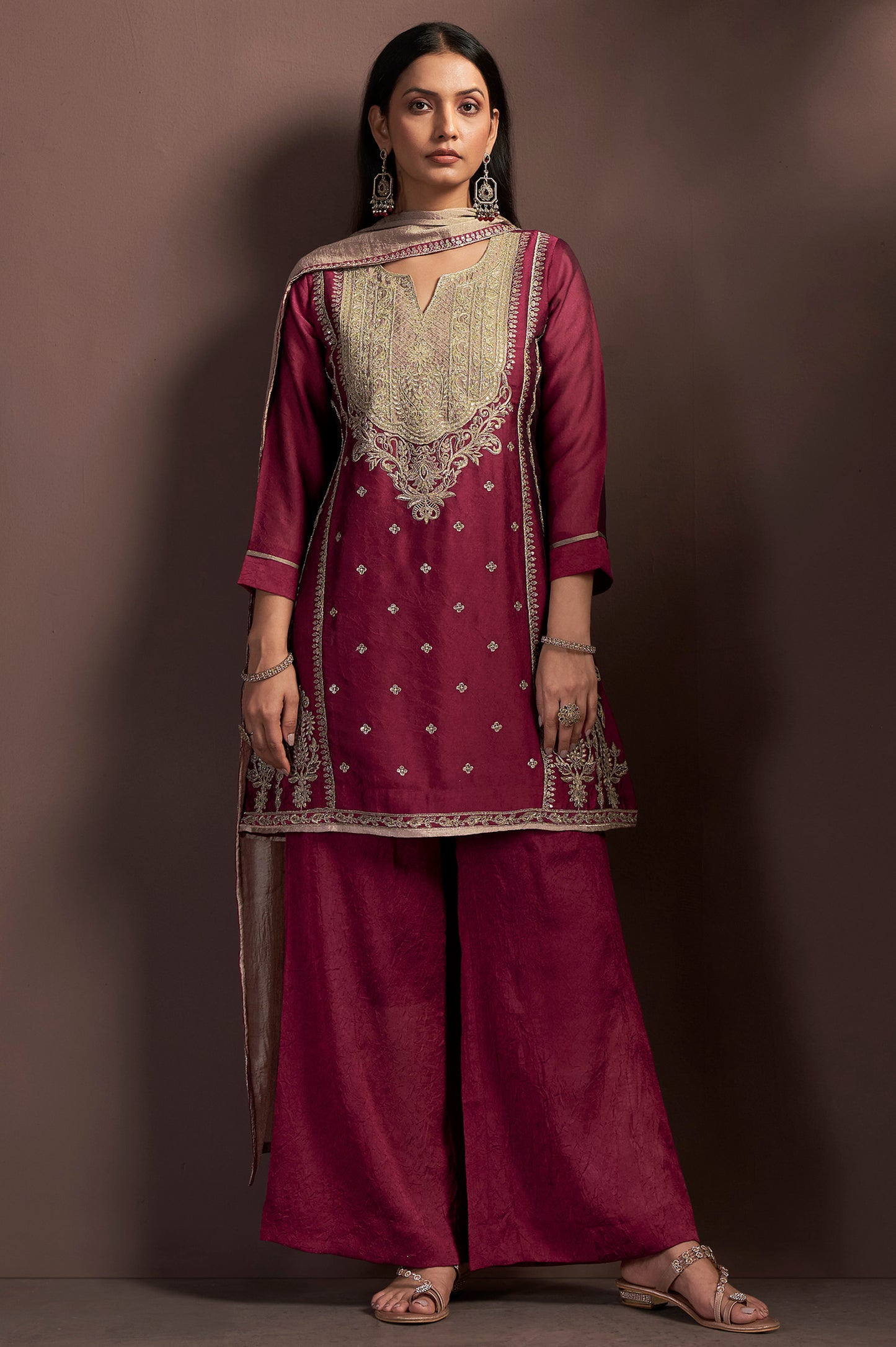 Red Embroidered Silk Blend Straight Kurta Set with Pink Net Dupatta | Round Neck | Knee Length Kurta | 3/4 Sleeves