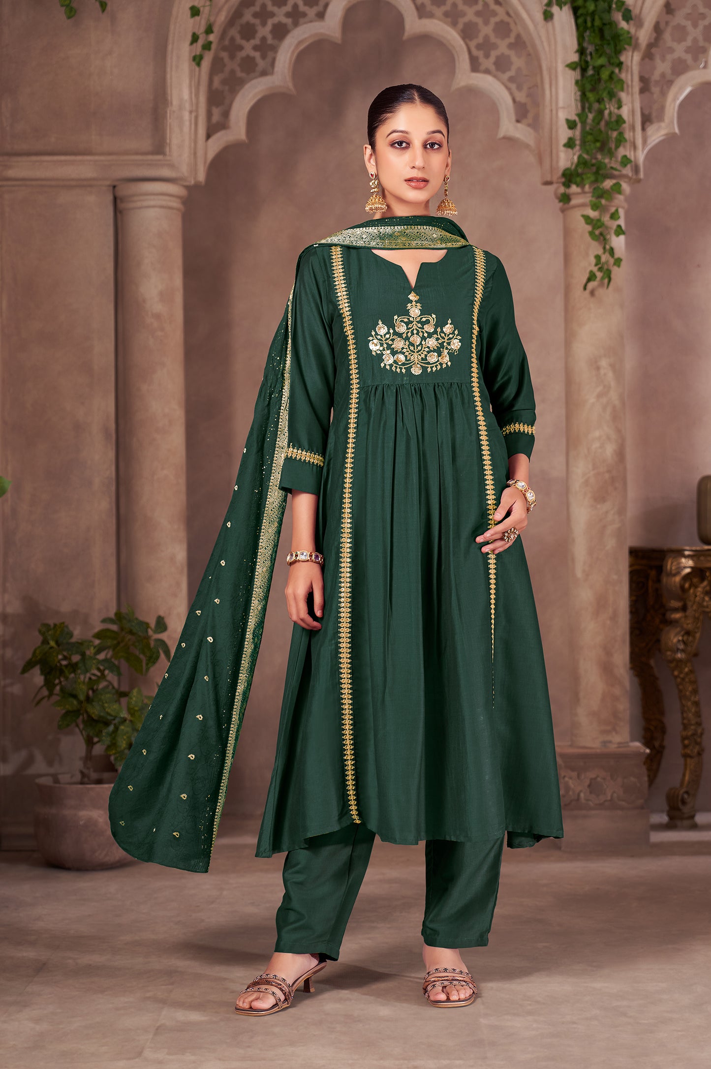 Green Chinnon Embroidered Flared Kurta Set with Jacquard Chanderi Dupatta